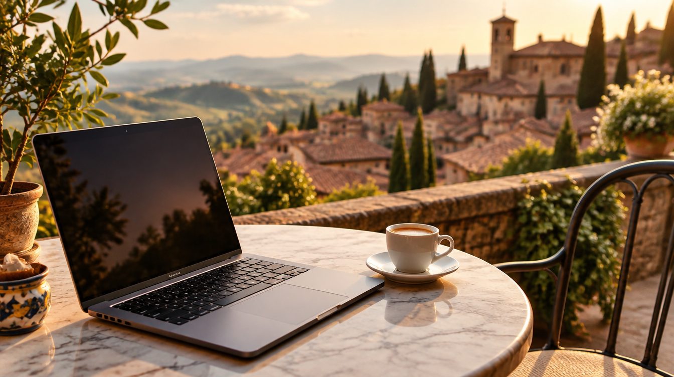 Laptop and espresso on a sunlit terrace in an Italian hill town