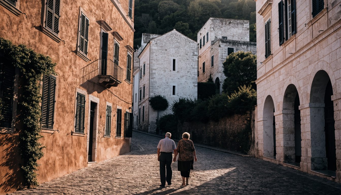 Elective residency visa Italy: retired couple walking through a southern Italian hill town
